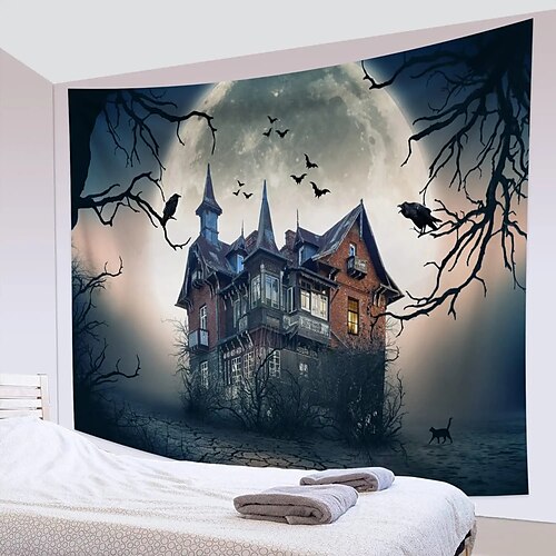 

Halloween Party Wall Tapestry Art Decor Blanket Curtain Hanging Home Bedroom Living Room Decoration Polyester Pumpkin Bat Witch Castle