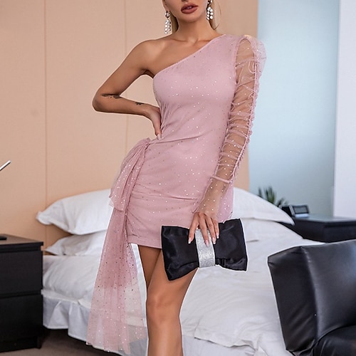 

Women's Sequin Dress Holiday Dress Shift Dress Lotus color Black Red Long Sleeve Pure Color Sequins Winter Fall Autumn One Shoulder Party Winter Dress Evening Party Slim 2022 S M L