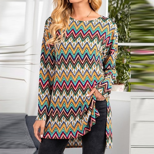 

Women's Casual Dress Shift Dress Short Mini Dress Yellow Orange Red Long Sleeve Line Print Fall Winter Round Neck Stylish Casual 2022 S M L XL XXL 3XL 4XL 5XL / 3D Print