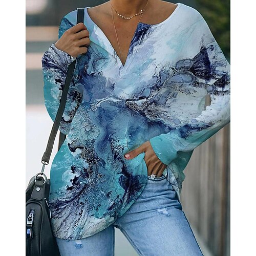 

Women's Blouse Shirt Green Blue Graphic Abstract Print Long Sleeve Casual Weekend Streetwear V Neck Regular S / 3D Print