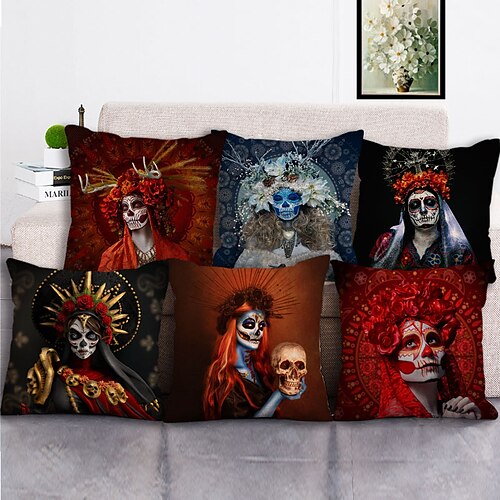 

El Día de los Muertos Double Side Cushion Cover 6PC Soft Decorative Square Cushion Case Pillowcase for Bedroom Livingroom Sofa Couch Chair Superior Quality Machine Washable Day of Dead