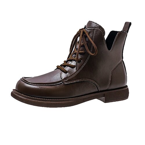 

Women's Boots Daily Booties Ankle Boots Winter Block Heel Square Toe Casual PU Leather Lace-up Solid Colored Black Brown