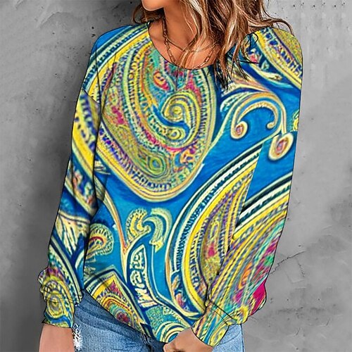 

Women's Sweatshirt Pullover Retro Blue Graphic Geometric Tie Dye Casual Round Neck Long Sleeve S M L XL 2XL 3XL / Winter