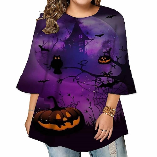 

Women's Plus Size Tops Blouse Shirt Letter Pumpkin Print 3/4 Length Sleeve Crewneck Vintage Streetwear Festival Halloween Halloween Holiday Cotton Spandex Jersey Fall Winter Black Blue