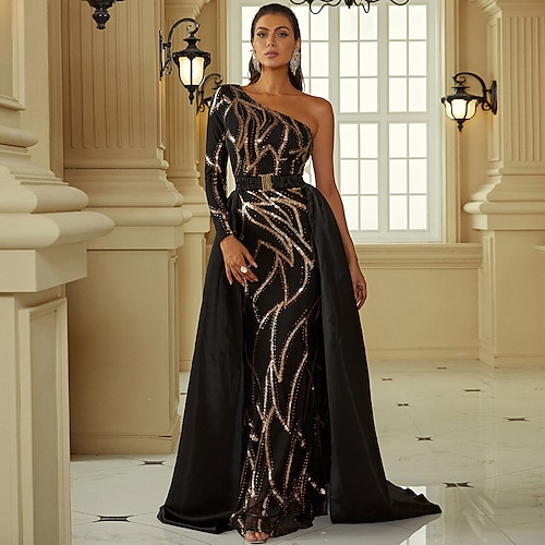 

Mermaid / Trumpet Evening Gown Sexy Dress Formal Court Train Long Sleeve One Shoulder Polyester with Sequin 2022