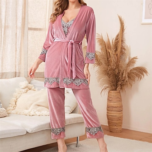 

Women's Pajamas Robes Gown Sets Bathrobes 3 Pieces Color Combo Comfort Soft Plush Robe Home Daily Bed Lace Warm Straps Long Sleeve Pant Winter Fall Green Pink / Pjs