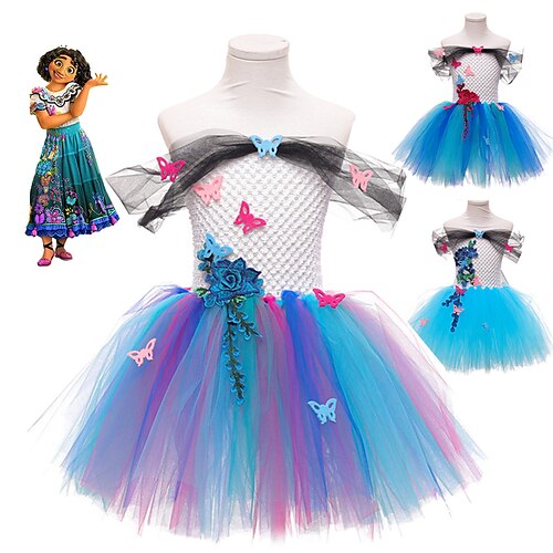 

Encanto Mirabel Madrigal Outfits Tutu Girls' Movie Cosplay Princess Sweet Green Rosy Pink Blue Dress Wings Headwear Masquerade Organza