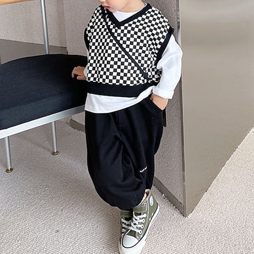 

3 Pieces Kids Boys T-shirt & Pants Clothing Set Outfit Plaid Long Sleeve Cotton Set Vacation Cool Casual Winter Fall 2-12 Years Black