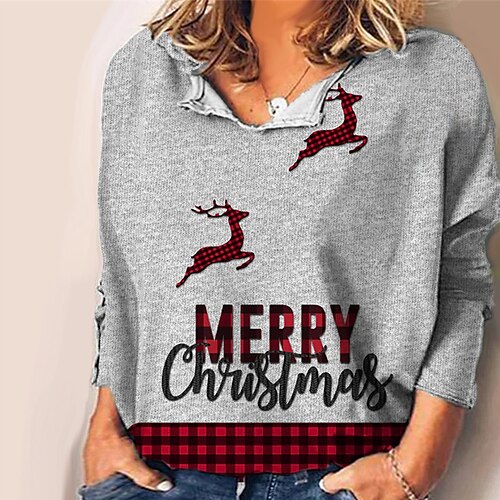 

Women's Plus Size Tops Blouse Shirt Plaid Letter Print Long Sleeve V Neck Casual Festival Christmas Christmas Daily Polyester Fall Winter Gray Red