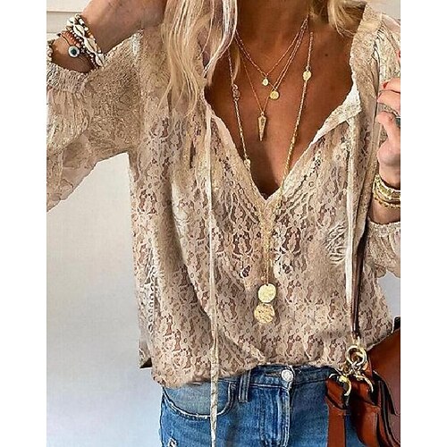

Women's Clothing Blouse Shirt Sequins gFlorla Lace Long Sleeve V-Neck Top