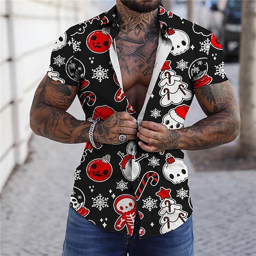 

Men's Shirt Skull Snowflake Turndown Black 3D Print Outdoor Christmas Short Sleeves Button-Down Print Clothing Apparel Cool Designer Casual Breathable / Summer / Halloween / Spring / Summer
