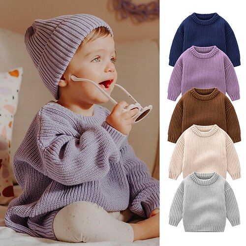 

Kids Boys Sweater Solid Color Daily Long Sleeve Fashion Cotton 3-6 Years Winter Purple Royal Blue Light gray