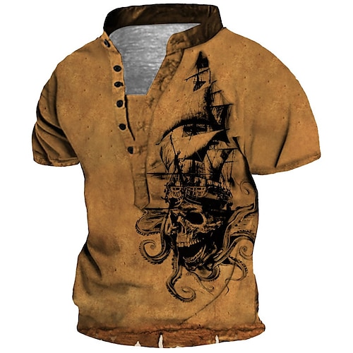 

Men's T shirt Tee Henley Shirt Tee Graphic Skull Stand Collar Brown Short Sleeve 3D Print Plus Size Outdoor Daily Button-Down Print Tops Basic Designer Casual Big and Tall / Summer / Summer / Sports