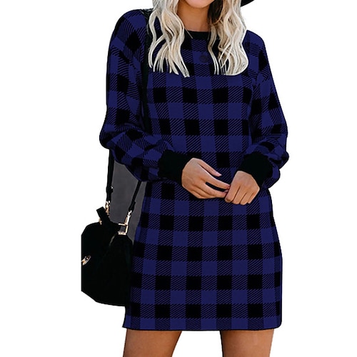 

Mujer Vestido sudadera Vestido tubo Vestido de cuadros Azul Real Manga Larga Plaid Frunce Invierno Otoño Fin de semana vestido de otoño Holgado 2022 S M L XL XXL 3XL