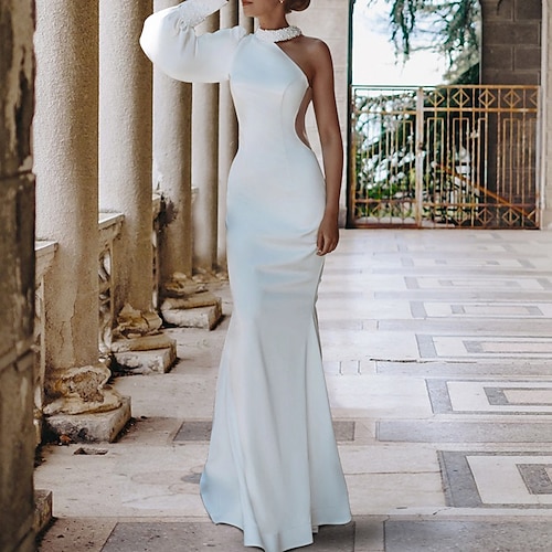 

Mermaid / Trumpet Wedding Dresses High Neck Off Shoulder Court Train Satin Long Sleeve Simple Sexy Backless with Buttons Pearls 2022