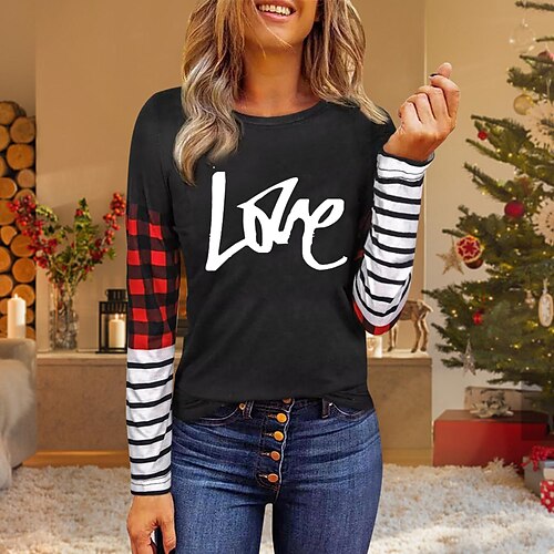 

Women's T shirt Tee Yellow Red White Rainbow Heart Print Long Sleeve Daily Weekend Basic Round Neck Regular Painting S / 3D Print