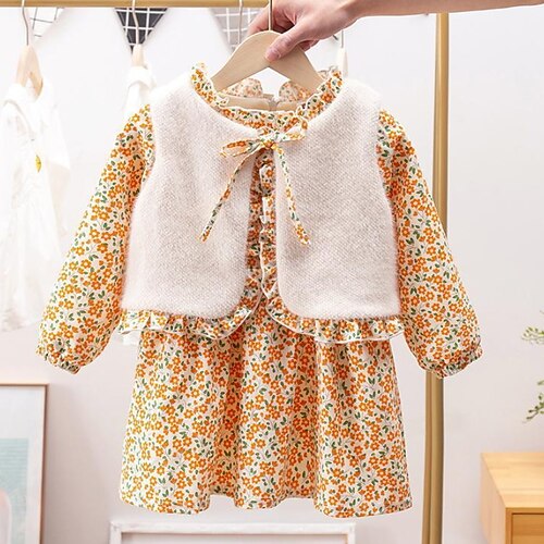 

Kids Girls' DressSet Clothing Set 2 Pieces Long Sleeve Yellow Leopard Vacation Cute Above Knee 2-6 Years
