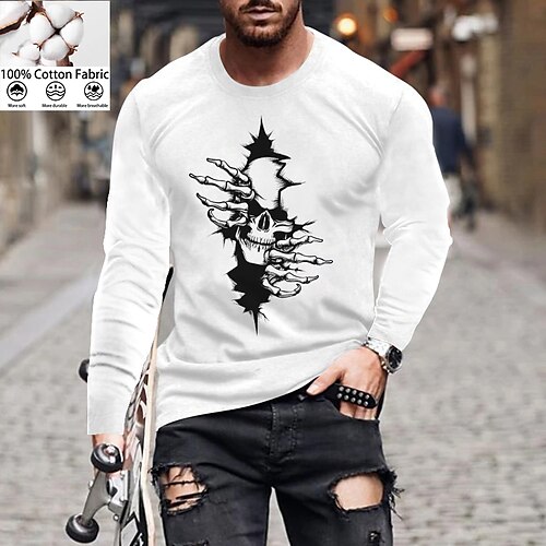 

Men's Unisex T shirt Tee Skull Crew Neck Green White Gray Navy Blue Long Sleeve Hot Stamping Outdoor Street Print Tops Cotton Basic Sports Designer Simple
