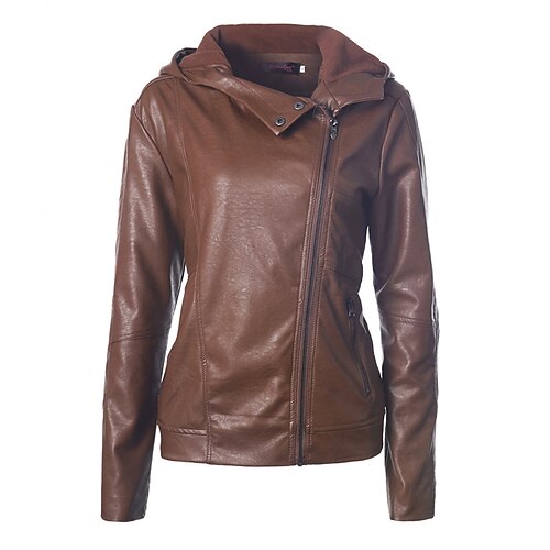 

Women's Faux Leather Jacket Windproof Warm Outdoor Street Daily Vacation Zipper Pocket Zipper Hoodie Fashion Modern Street Style Solid Color Regular Fit Outerwear Long Sleeve Winter Fall Brown S M L