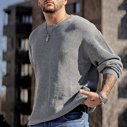 

Herren Pullover Gerippt Stricken Cropped Strick Feste Farbe Rundhalsausschnitt Basic Stilvoll Outdoor Täglich Bekleidung Winter Herbst Grau S M L