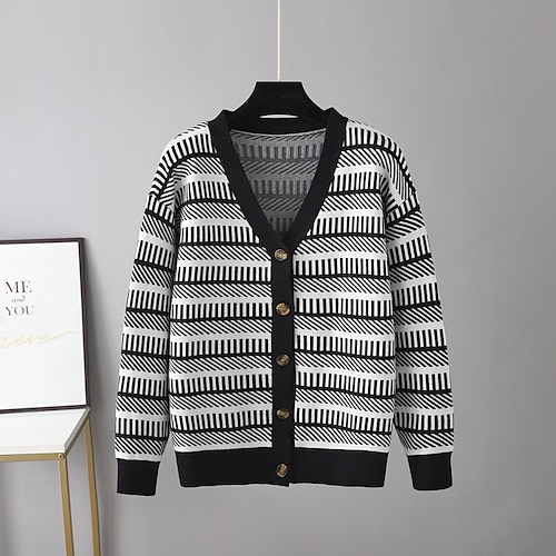 

Women's Cardigan Sweater Jumper Ribbed Knit Patchwork Button Striped V Neck Stylish Casual Outdoor Daily Fall Winter Green Black One-Size / Long Sleeve