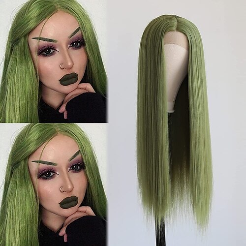 

Grass Green Wig Long Straight Synthetic Lace Front Wigs for Women Green Middle Part Glueless High Temperature Fiber Hand Tied Natural Hairline Long Cosplay Daily Wear Wig