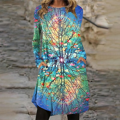 

Women's T Shirt Dress Tee Dress Shift Dress Knee Length Dress Blue Yellow Long Sleeve Print Print Fall Winter Crew Neck Stylish Casual Modern 2022 S M L XL XXL 3XL