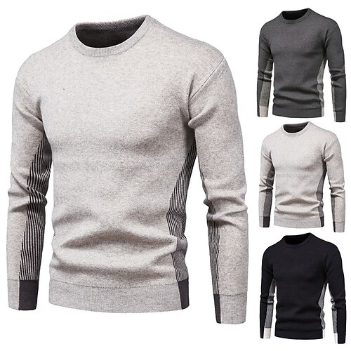

Men's Sweater Pullover Sweater Jumper Ribbed Knit Cropped Knitted Striped Crew Neck Keep Warm Modern Contemporary Work Daily Wear Clothing Apparel Winter Spring & Fall Black Gray M L XL