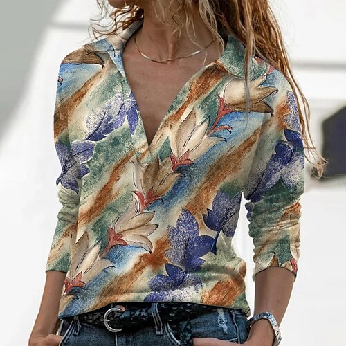 

Women's T shirt Tee Khaki Floral Print Long Sleeve Casual Weekend Basic Shirt Collar Regular Abstract Painting S / 3D Print