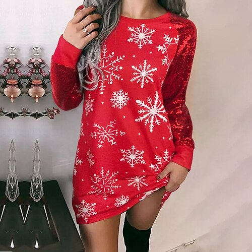 

Women's Casual Dress T Shirt Dress Tee Dress Christmas Short Mini Dress Blue Yellow Red Long Sleeve Snowman Snowflake hat Sequins Print Fall Winter Crew Neck Casual Modern 2022 S M L XL XXL