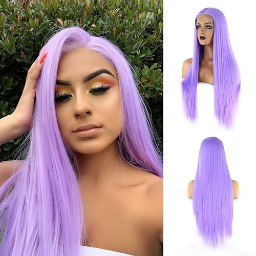 

Purple Wig Long Straight Synthetic Lace Front Wigs for Women lavender Middle Part Glueless High Temperature Fiber Hand Tied Natural Hairline Long Cosplay Daily Wear Wig