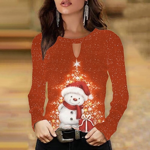 

Women's Blouse Shirt Green Blue Purple Snowman Christmas Tree Print Long Sleeve Christmas Streetwear Casual Round Neck Regular S