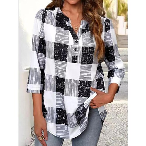 

Women's Shirt Check Daily Geometric Shirt 3/4 Length Sleeve Button Round Neck Casual Black Blue Wine S