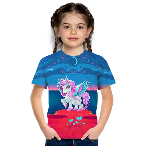 

Kids Girls' T shirt Tee Short Sleeve 3D Print Graphic Horse Crewneck Blue Children Tops Fall Winter Active Fashion Outdoor Daily Regular Fit 4-12 Years