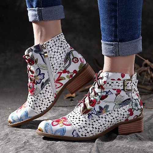 

Women's Boots Cowboy Boots Booties Ankle Boots Buckle Embroidery Lace-up Chunky Heel Pointed Toe Vintage Daily PU Leather Zipper Spring Fall Embroidered White