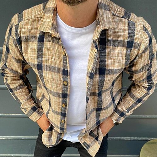 

Men's Shirt Overshirt Shirt Jacket Plaid Check Turndown Yellow Long Sleeve Street Daily Button-Down Tops Basic Fashion Casual Comfortable