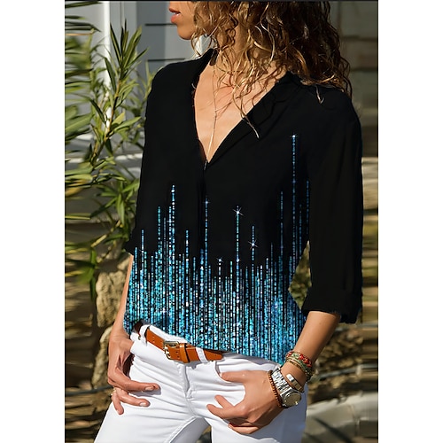 

Women's Shirt Blue Red Striped Print Long Sleeve Daily Weekend Streetwear Casual V Neck Regular S / 3D Print