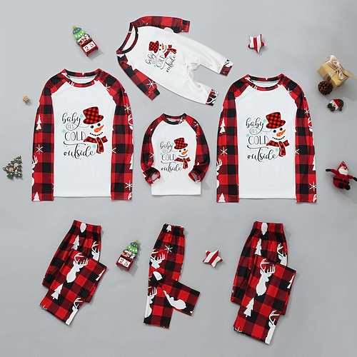 

Family Look Christmas Pajamas Plaid Snowman Home Red Long Sleeve Daily Matching Outfits