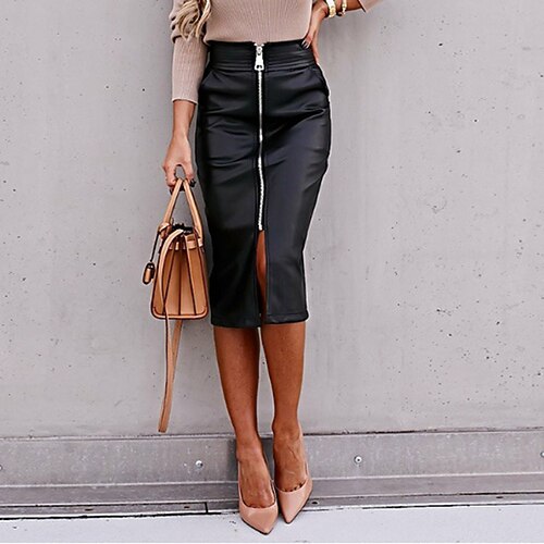 

Women's Skirt Pencil Midi PU Leather Black Skirts Autumn / Fall Split Fashion Daily S M L