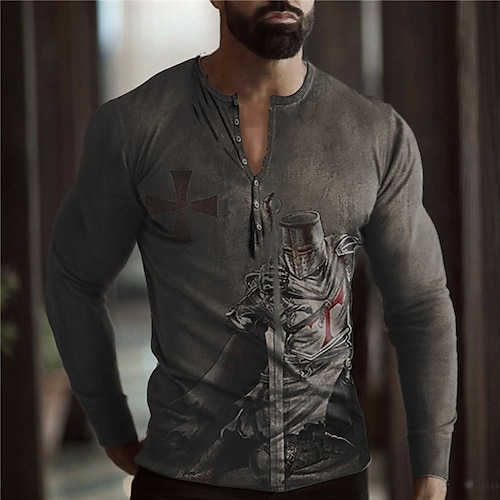 

Hombre Henley Shirt Camiseta Tee Graphic Cruz Templaria Soldier Henley Gris Oscuro Impresión 3D Talla Grande Exterior Diario Manga Larga Abotonar Estampado Ropa Básico Design Clásico Cómodo