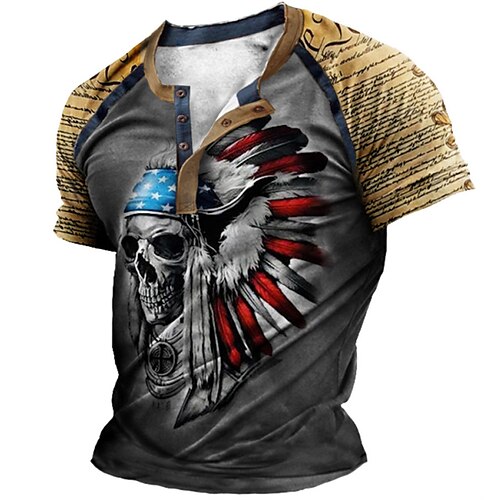 

Men's T shirt Tee Henley Shirt Tee Graphic Skull Henley Green Blue Purple Brown Short Sleeve 3D Print Plus Size Outdoor Daily Patchwork Button-Down Tops Basic Designer Casual Classic / Summer