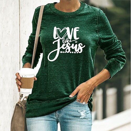 

Women's T shirt Tee Green Blue Yellow Graphic Heart Print Long Sleeve Casual Daily Basic Round Neck Regular Cotton Painting S