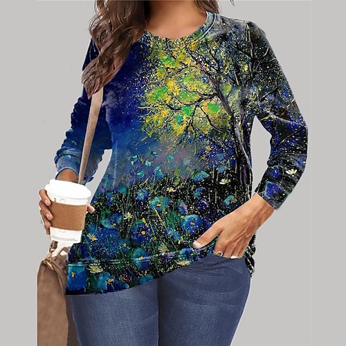 

Women's Plus Size Tops Pullover Sweatshirt Hoodie Sweatshirt Graphic Floral Print Long Sleeve Crewneck Streetwear Daily Vacation Microfiber Fall Winter Green Blue