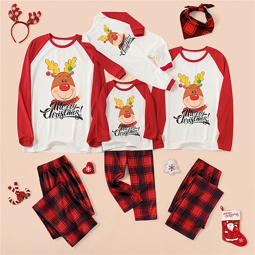 

Christmas Pajamas Family Set Ugly Plaid Letter Deer Daily Red Long Sleeve Mom Dad and Me Adorable Matching Outfits Spring Fall
