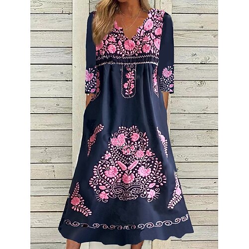 

Women's A Line Dress Midi Dress Navy Blue Half Sleeve Floral Print Fall Winter V Neck Stylish Elegant 2022 S M L XL 2XL 3XL