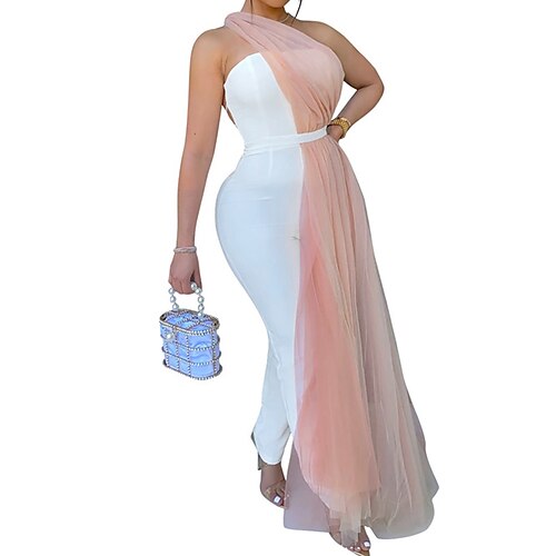 

Women's Jumpsuit Mesh Backless Color Block One Shoulder Streetwear Party Going out Regular Fit Sleeveless White Black Blue S M L Fall