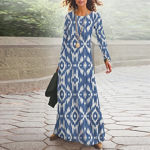 

Women's Casual Dress Swing Dress Maxi long Dress Blue Long Sleeve Geometric Pocket Print Fall Winter V Neck Vacation Casual 2022 S M L XL XXL 3XL