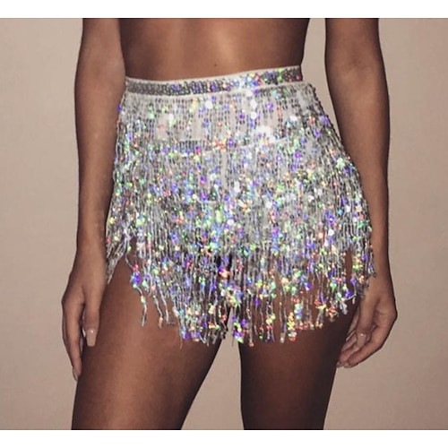 

Women's Skirt Above Knee Polyester Sequin Green Blue Pink Silver Skirts Summer Sequins Tassel Fringe See Through Without Lining Mid Waist Punk Fashion Sexy Performance Carnival One-Size