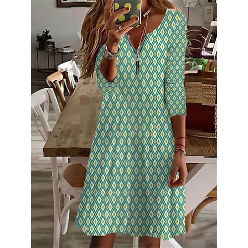 

Women's Casual Dress Green Black Blue Long Sleeve Geometric Zipper Winter Fall Autumn V Neck Winter Dress Fall Dress 2022 S M L XL 2XL 3XL 4XL 5XL 6XL