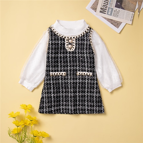 

Kids Girls' New Year Dress Plaid A Line Dress Knee-length Dress Performance Print Cotton Long Sleeve Casual Dress 1-5 Years Winter Black